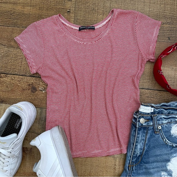 BRANDY MELVILLE Red + White Striped Stretchy Tee - Picture 3 of 7